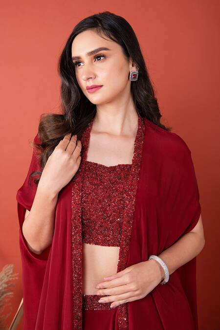 Shop_Label Shristi Chetani_Maroon Crepe Sweetheart Neck Hand Embroidered Cape With Lehenga Set_Online_at_Aza_Fashions