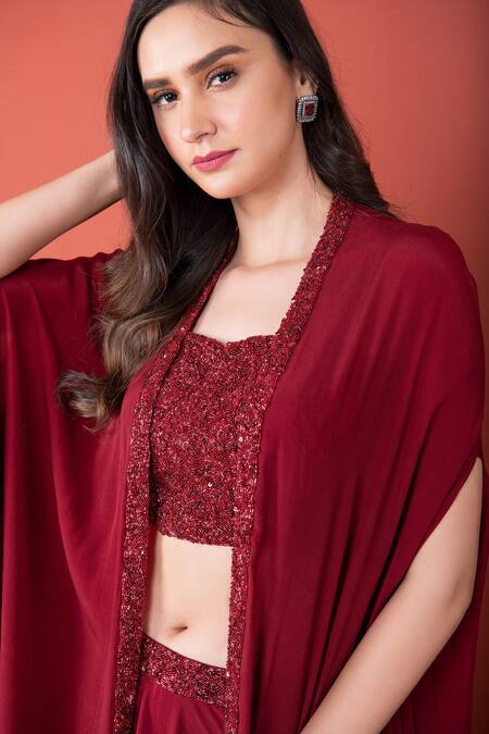 Label Shristi Chetani_Maroon Crepe Sweetheart Neck Hand Embroidered Cape With Lehenga Set_at_Aza_Fashions