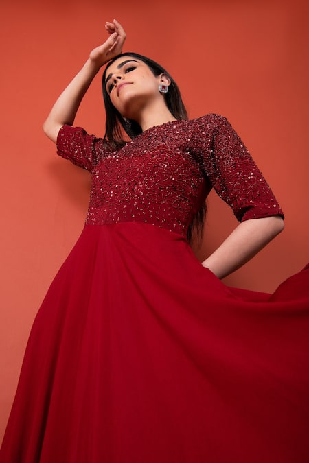 Label Shristi Chetani_Red Crepe Round Hand Embroidered Gown_Online_at_Aza_Fashions