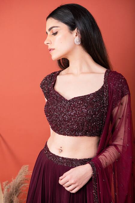 Label Shristi Chetani_Wine Net, Crepe Sweetheart Neck Pleated Lehenga Set_Online_at_Aza_Fashions