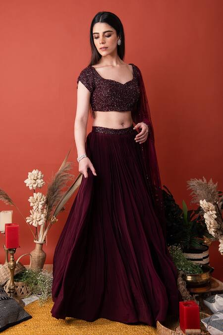 Buy_Label Shristi Chetani_Wine Net, Crepe Sweetheart Neck Pleated Lehenga Set_Online_at_Aza_Fashions