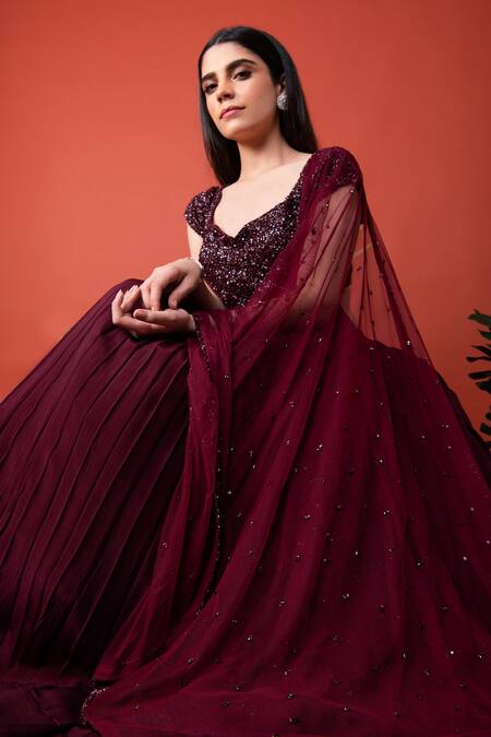 Shop_Label Shristi Chetani_Wine Net, Crepe Sweetheart Neck Pleated Lehenga Set_Online_at_Aza_Fashions