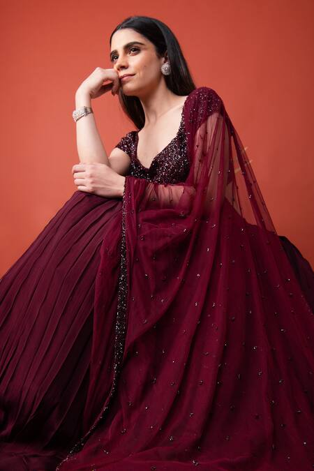 Label Shristi Chetani_Wine Net, Crepe Sweetheart Neck Pleated Lehenga Set_at_Aza_Fashions