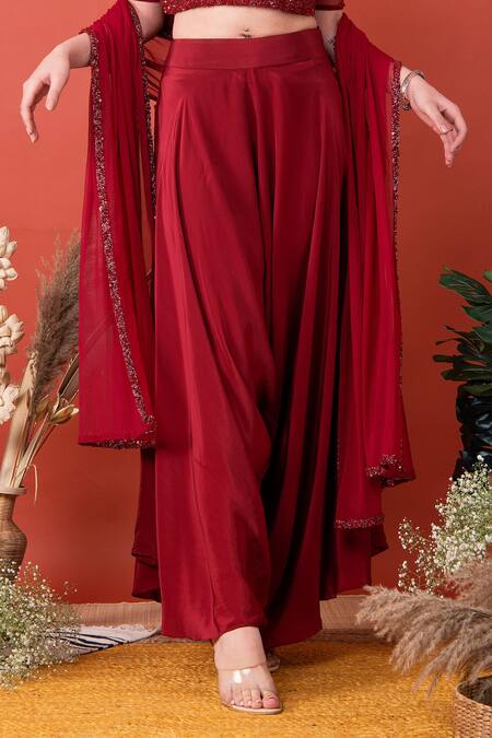 Label Shristi Chetani_Red Net, Crepe High Neck Draped Pant Set_Online_at_Aza_Fashions