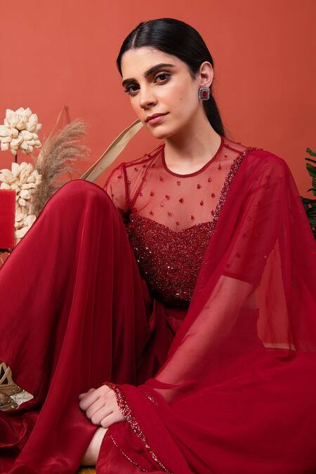 Buy_Label Shristi Chetani_Red Net, Crepe High Neck Draped Pant Set_Online_at_Aza_Fashions