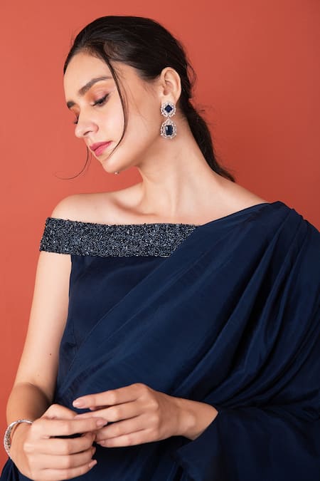 Label Shristi Chetani_Blue Crepe One Shoulder Draped Dress _Online_at_Aza_Fashions