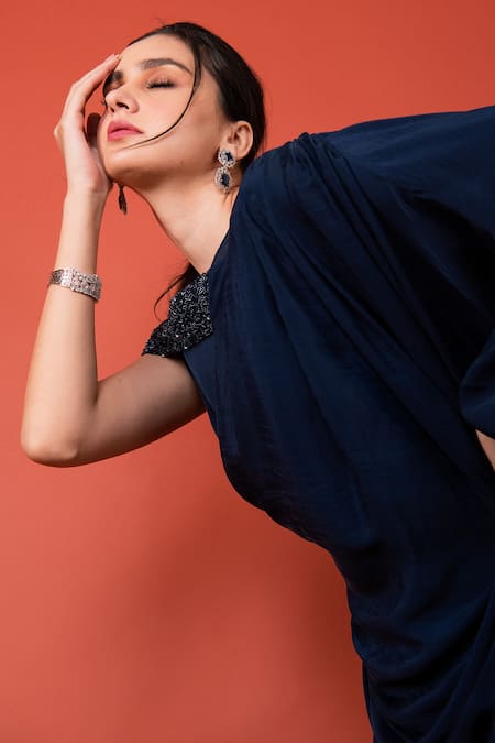 Buy_Label Shristi Chetani_Blue Crepe One Shoulder Draped Dress _Online_at_Aza_Fashions