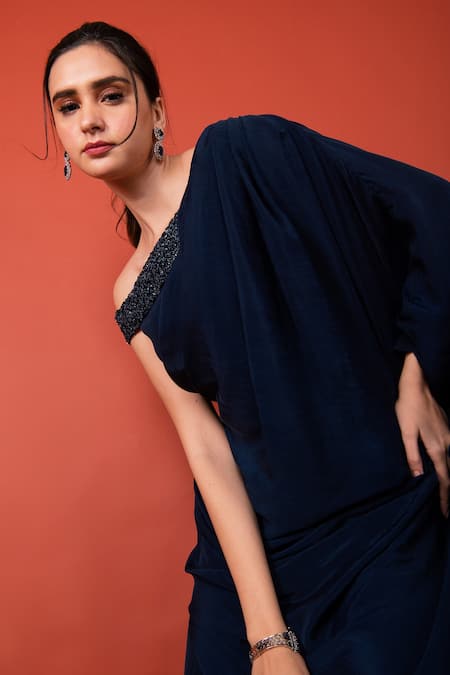 Shop_Label Shristi Chetani_Blue Crepe One Shoulder Draped Dress _Online_at_Aza_Fashions