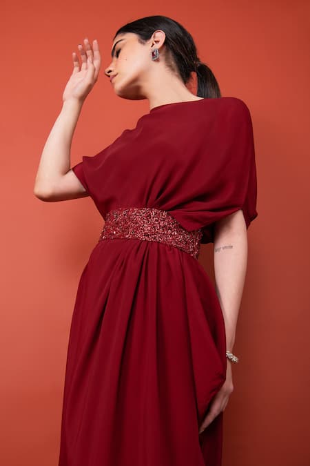 Buy_Label Shristi Chetani_Red Crepe Round Draped Gown With Embroidered Belt _Online_at_Aza_Fashions