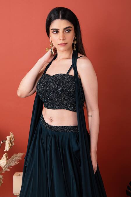 Label Shristi Chetani_Blue Crepe Sweetheart Neck Hand Embroidered Blouse Lehenga Set_Online_at_Aza_Fashions