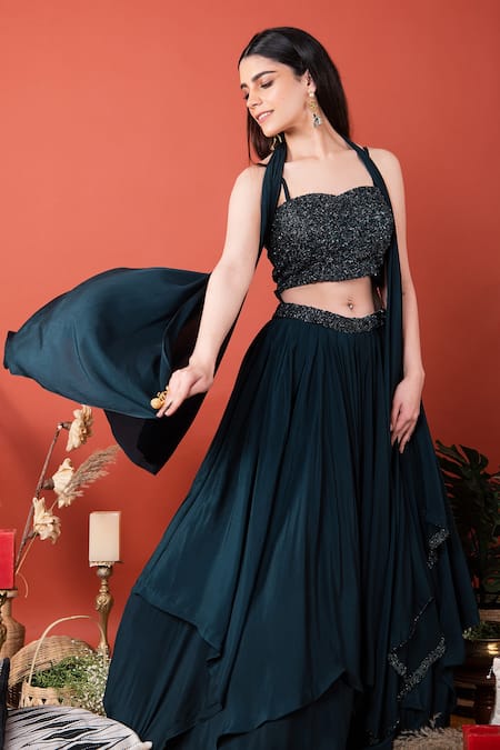 Buy_Label Shristi Chetani_Blue Crepe Sweetheart Neck Hand Embroidered Blouse Lehenga Set_Online_at_Aza_Fashions
