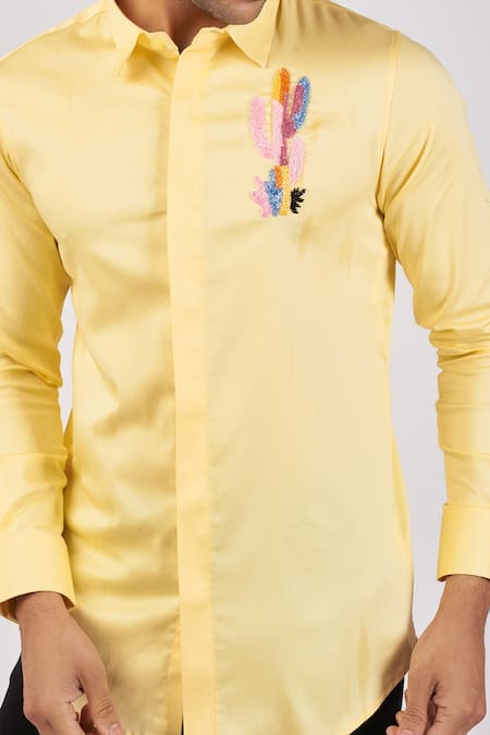 Sanjana Reddy Designs_Yellow Cotton Embroidery Cactus Shirt _Online_at_Aza_Fashions