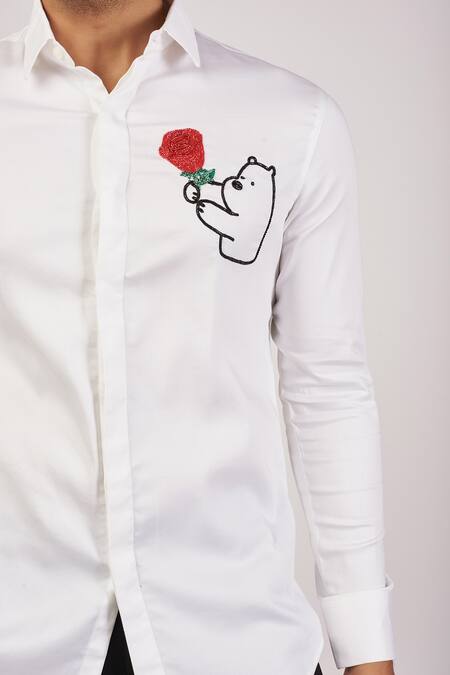 Sanjana Reddy Designs White Cotton Embroidery Teddy And Rose Shirt Online at Aza Fashions Sanjana Reddy Designs_White Cotton Embroidery Teddy And Rose Shirt _Online_at_Aza_Fashions
