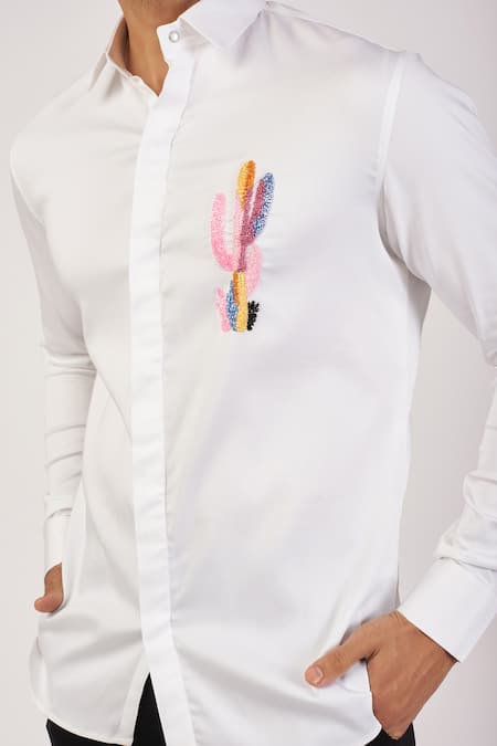 Sanjana Reddy Designs White Cotton Embroidery Cactus Shirt Online at Aza Fashions Sanjana Reddy Designs_White Cotton Embroidery Cactus Shirt _Online_at_Aza_Fashions
