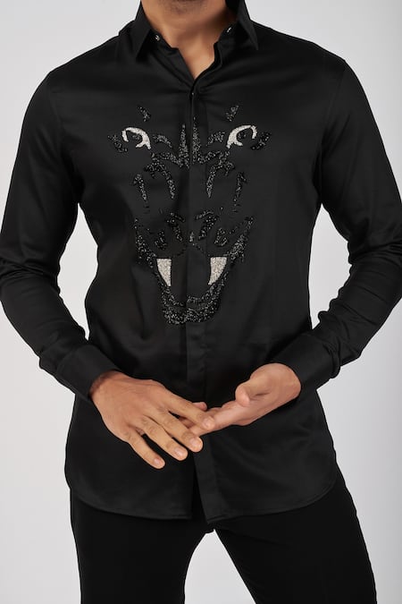 Sanjana Reddy Designs Black Cotton Embroidery Tiger Shirt Online at Aza Fashions Sanjana Reddy Designs_Black Cotton Embroidery Tiger Shirt _Online_at_Aza_Fashions