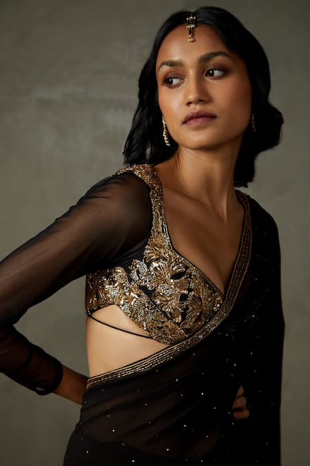 Shop RI.Ritu Kumar Black Silk Embroidery Zardozi And Mukaish Sweetheart Ananya Saree With Blouse Online at Aza Fashions Shop_RI.Ritu Kumar_Black Silk Embroidery Zardozi And Mukaish Sweetheart Ananya Saree With Blouse _Online_at_Aza_Fashions