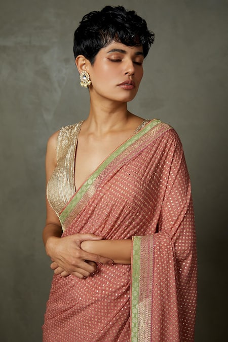 RI.Ritu Kumar_Pink Silk Print Bandhani V Neck Sohini Saree With Sleeveless Blouse_Online_at_Aza_Fashions