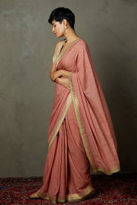 Buy_RI.Ritu Kumar_Pink Silk Print Bandhani V Neck Sohini Saree With Sleeveless Blouse_Online_at_Aza_Fashions
