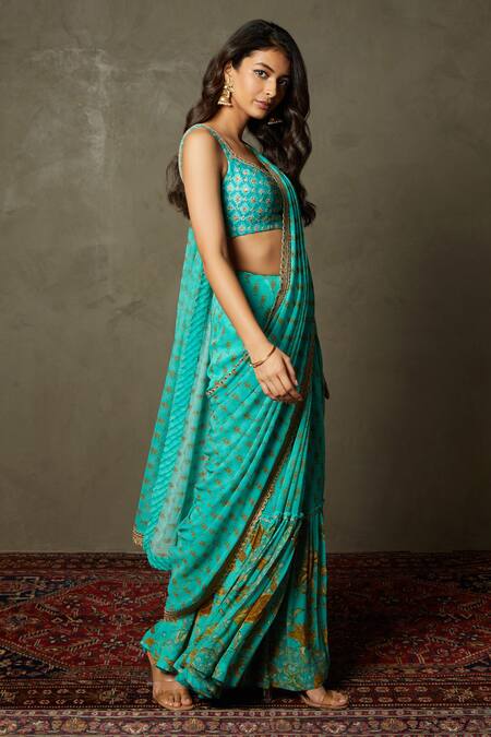 RI.Ritu Kumar_Green Silk, Viscose Embroidery Scoop Neck Jardin Floral Saree With Blouse _Online_at_Aza_Fashions