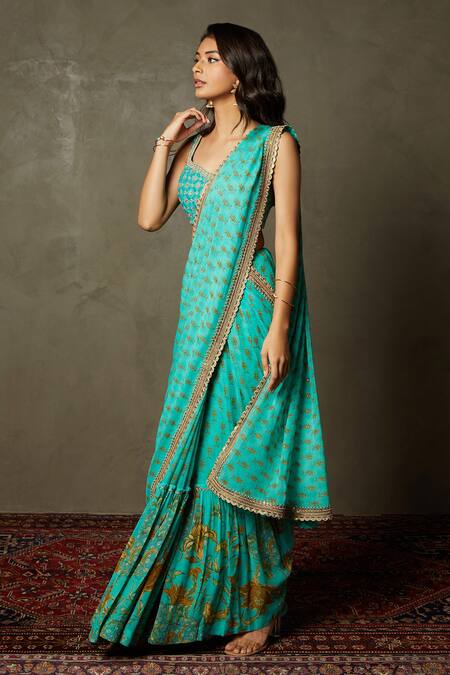 Buy_RI.Ritu Kumar_Green Silk, Viscose Embroidery Scoop Neck Jardin Floral Saree With Blouse _Online_at_Aza_Fashions