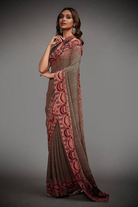RI.Ritu Kumar_Black Viscose Chinon Printed High Neck Malisha Jamawar Saree With Blouse _Online_at_Aza_Fashions