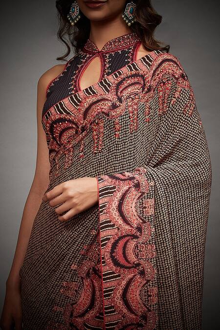 Shop_RI.Ritu Kumar_Black Viscose Chinon Printed High Neck Malisha Jamawar Saree With Blouse _Online_at_Aza_Fashions