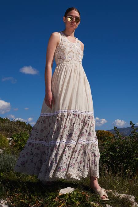 Shruti Sancheti_Off White Crepe Embroidery, Sequins Round Neck Floral Print Tiered Maxi Dress _Online_at_Aza_Fashions
