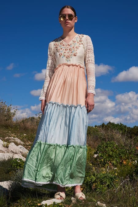 Shruti Sancheti_Multi Color Lace, Cotton Sequins, Embroidery V-neck Blocked And Tiered Maxi Dress _Online_at_Aza_Fashions