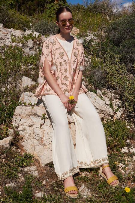 Buy_Shruti Sancheti_Peach Crepe Embroidery, Sequins, Feathers Round Neck Hand Cape And Jumpsuit Set _Online_at_Aza_Fashions