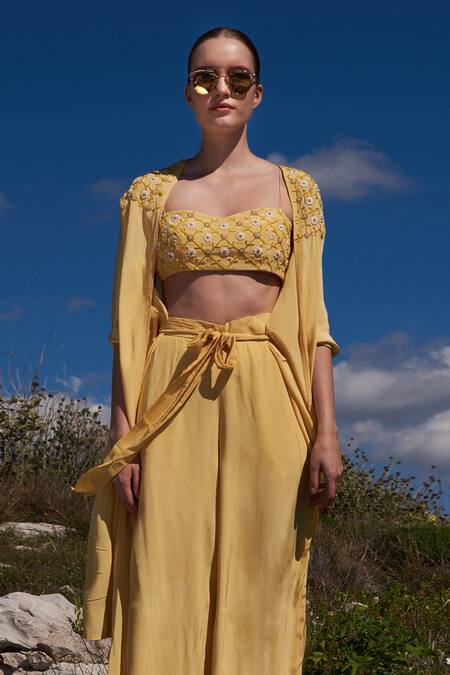 Shruti Sancheti_Yellow Crepe Embroidery, Pearls Open , Sweetheart Kaftan Pant Set _Online_at_Aza_Fashions