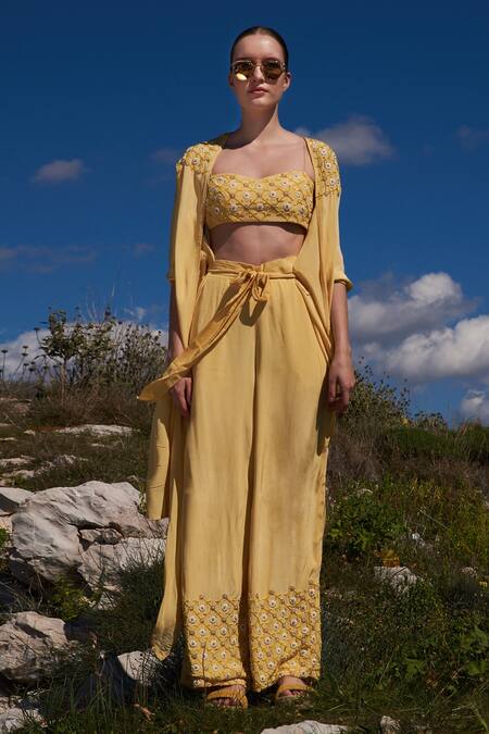 Buy_Shruti Sancheti_Yellow Crepe Embroidery, Pearls Open , Sweetheart Kaftan Pant Set _Online_at_Aza_Fashions
