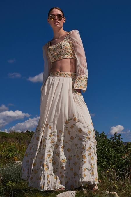 Shruti Sancheti_White Crepe, Organza Sequins, Embroidery Square Neck Hand Crop Top And Skirt Set _Online_at_Aza_Fashions