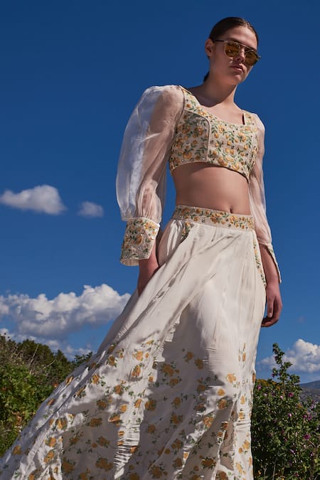 Buy_Shruti Sancheti_White Crepe, Organza Sequins, Embroidery Square Neck Hand Crop Top And Skirt Set _Online_at_Aza_Fashions