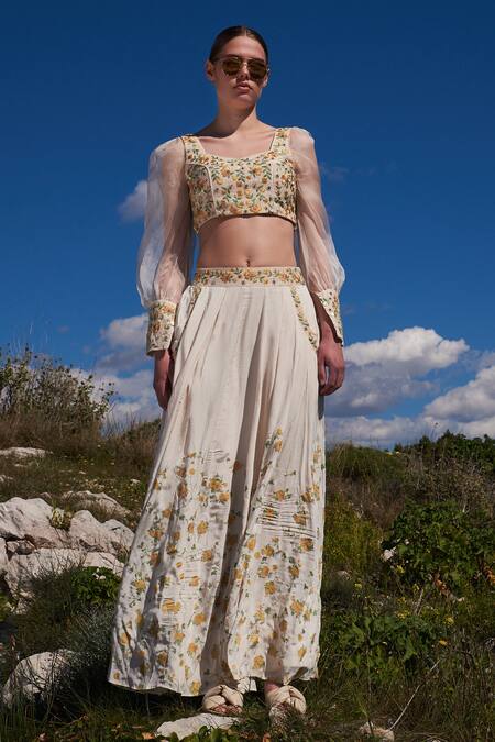 Shop_Shruti Sancheti_White Crepe, Organza Sequins, Embroidery Square Neck Hand Crop Top And Skirt Set _Online_at_Aza_Fashions