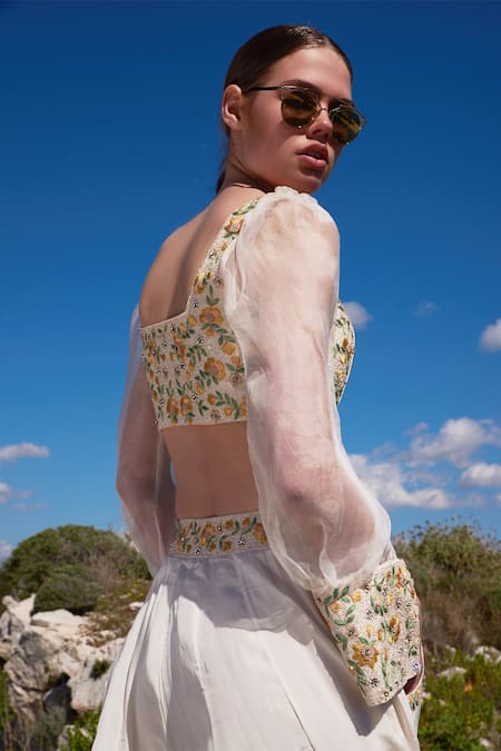 Shruti Sancheti_White Crepe, Organza Sequins, Embroidery Square Neck Hand Crop Top And Skirt Set _at_Aza_Fashions