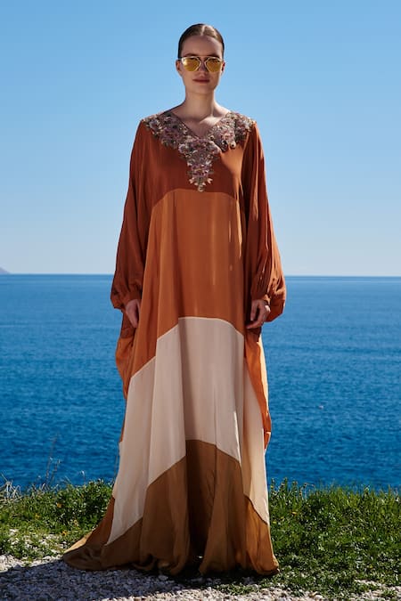 Buy_Shruti Sancheti_Multi Color Crepe Embroidery, Sequins V-neck Gown _Online_at_Aza_Fashions