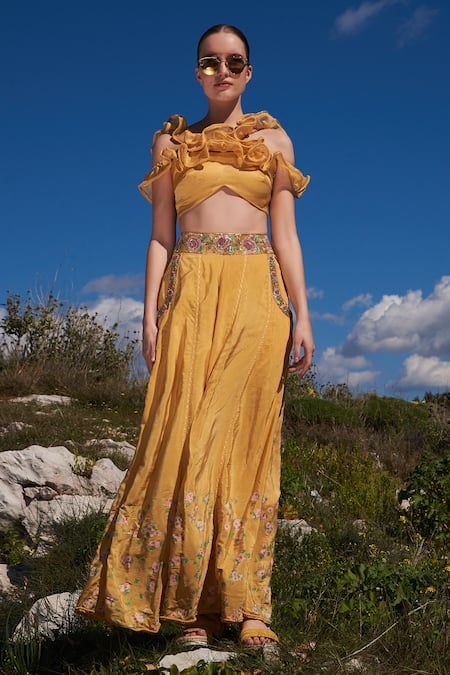 Shruti Sancheti_Yellow Crepe, Organza Embroidery, Sequins Racerback Hand Skirt Set _Online_at_Aza_Fashions