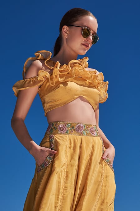 Buy_Shruti Sancheti_Yellow Crepe, Organza Embroidery, Sequins Racerback Hand Skirt Set _Online_at_Aza_Fashions