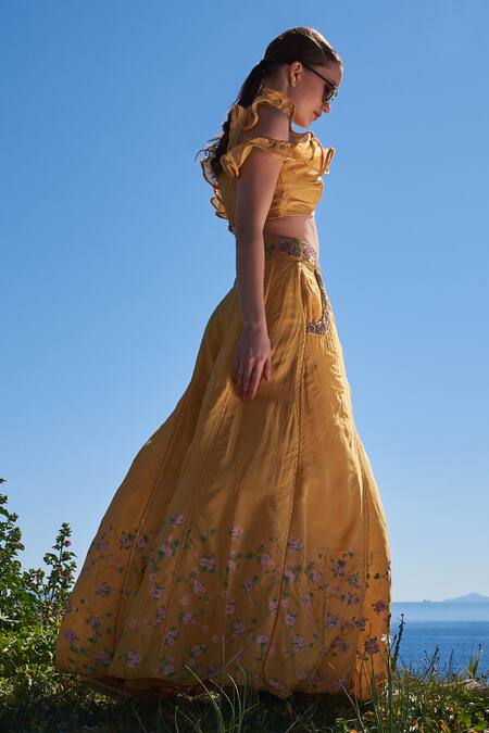Shop_Shruti Sancheti_Yellow Crepe, Organza Embroidery, Sequins Racerback Hand Skirt Set _Online_at_Aza_Fashions