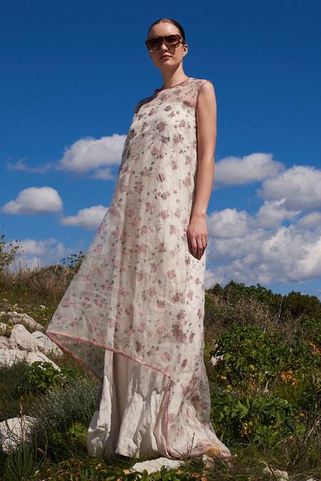 Shruti Sancheti_Off White Crepe, Organza Embroidery Round Neck Printed Jumpsuit With Cape _Online_at_Aza_Fashions