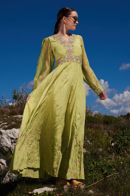 Buy_Shruti Sancheti_Green Crepe Embroidery, Sequins V-neck Printed And Maxi Dress _Online_at_Aza_Fashions