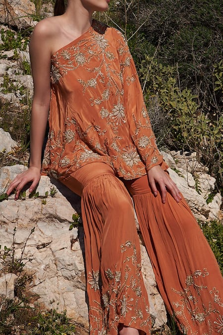 Shruti Sancheti_Brown Crepe Sequins, Embroidery Hand Cape And Sharara Set _Online_at_Aza_Fashions