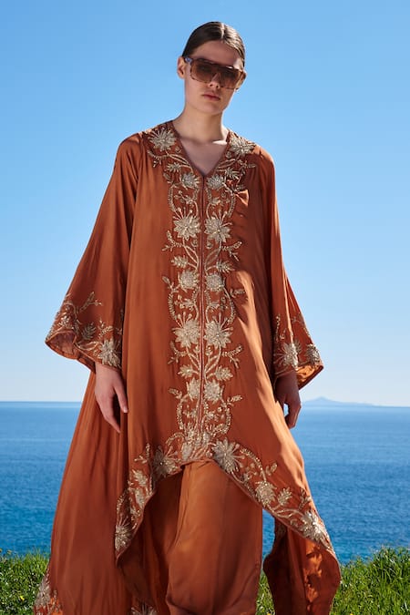 Shruti Sancheti_Brown Crepe Embroidered Asymmetrical Cape And Pant Set _Online_at_Aza_Fashions