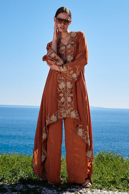 Buy_Shruti Sancheti_Brown Crepe Embroidered Asymmetrical Cape And Pant Set _Online_at_Aza_Fashions