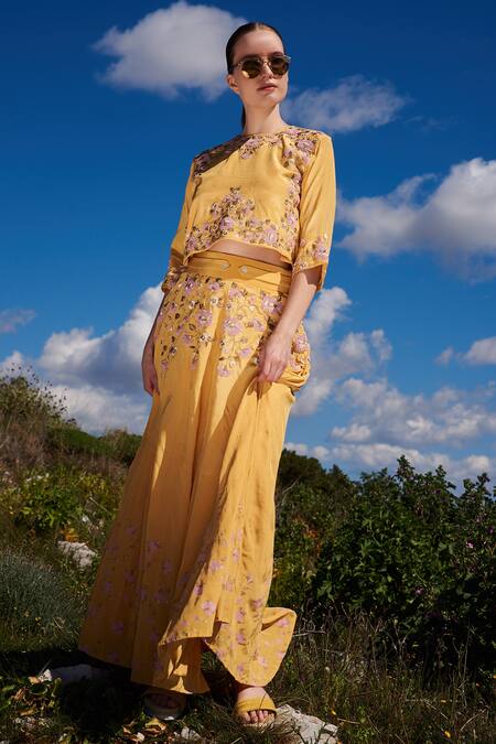 Shruti Sancheti_Yellow Crepe Embroidery, Sequins Round Neck Hand Top And Skirt Set _Online_at_Aza_Fashions