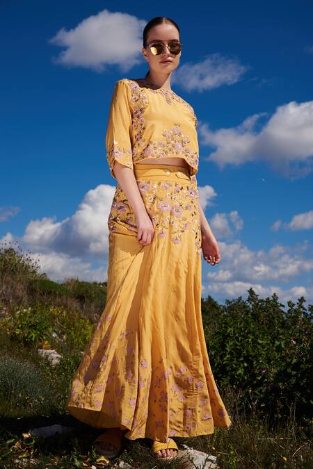 Buy_Shruti Sancheti_Yellow Crepe Embroidery, Sequins Round Neck Hand Top And Skirt Set _Online_at_Aza_Fashions