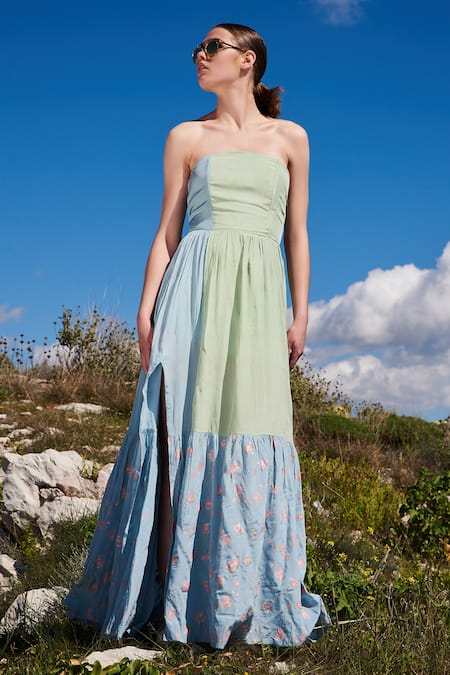 Shruti Sancheti_Multi Color Crepe Embroidery Bandeau Neck Floral Print Maxi Dress _Online_at_Aza_Fashions