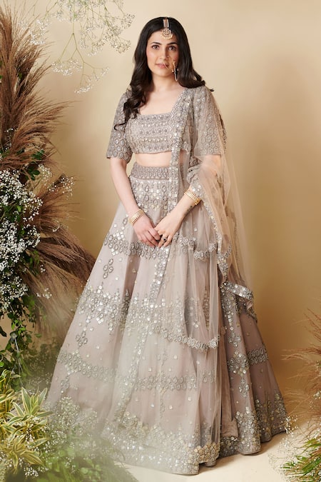 Buy Grey Organza Embroidered Sequins Square Neck Vera Bridal Lehenga Set  For Women by Reeti Arneja Online at Aza Fashions.
