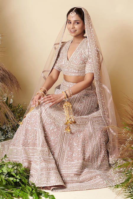 Reeti Arneja_Brown Organza, Net Sequins V-neck Noori Embroidered Bridal Lehenga Set _Online_at_Aza_Fashions