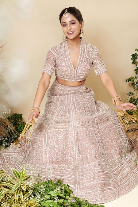 Buy_Reeti Arneja_Brown Organza, Net Sequins V-neck Noori Embroidered Bridal Lehenga Set _Online_at_Aza_Fashions